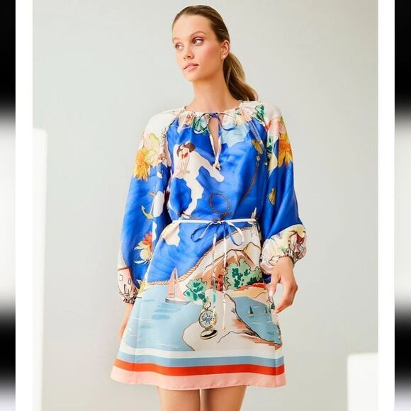 Antonio Melani Raffaella Key Hole Tie Neck Long Sleeve Belted Mini Dress Size XS - Picture 4 of 13